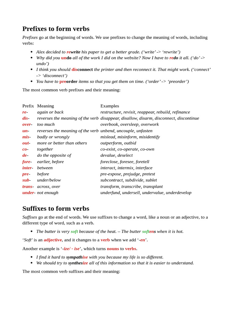 Verb Formation with Prefixes and Suffixes | PDF | Adjective | Adverb