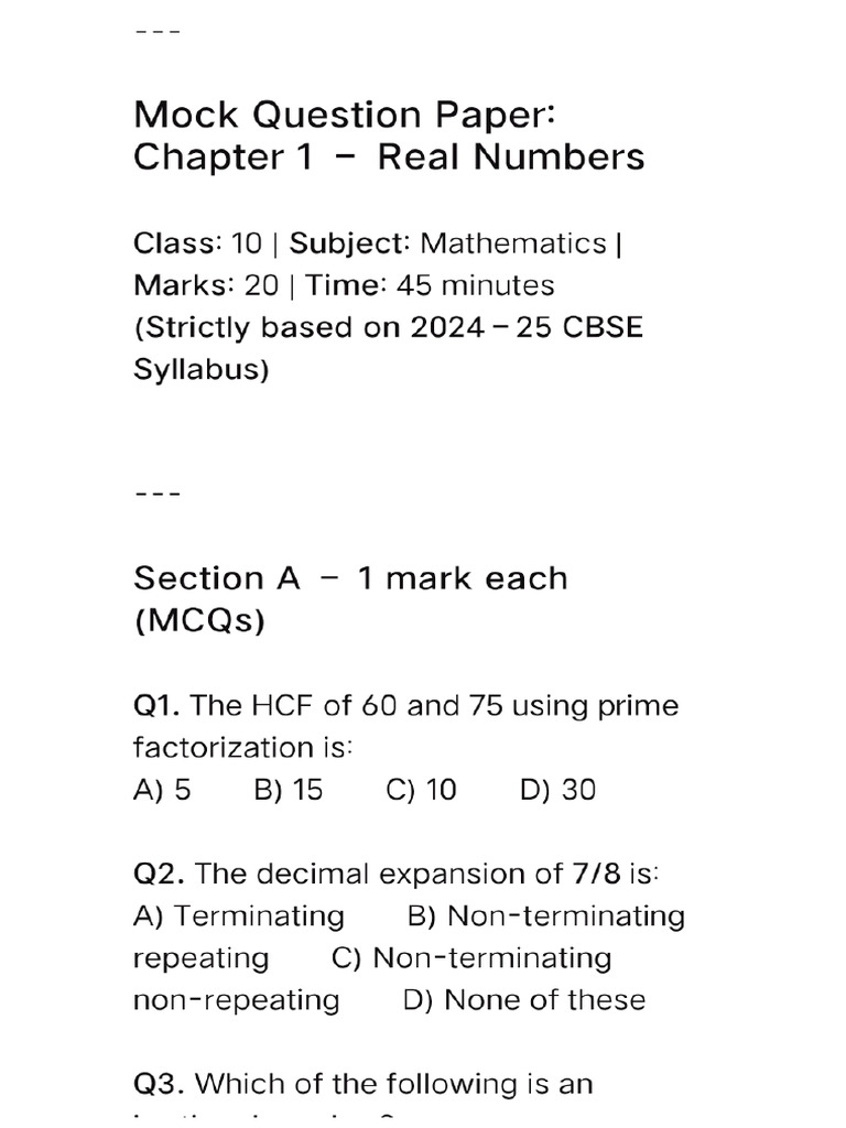 Maths Mock Test-1 10th CBSE | PDF