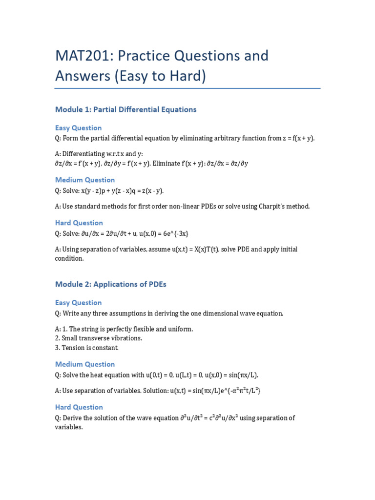 PDE Practice Questions and Solutions | PDF | Partial Differential ...