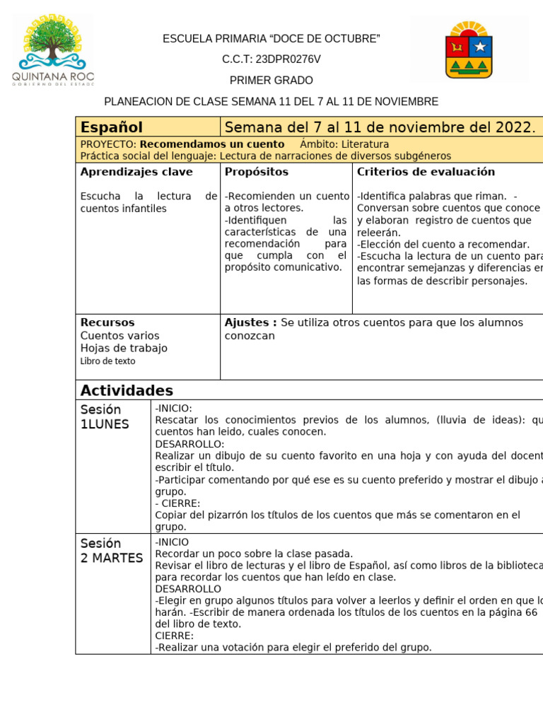 Planeación de Clases Primer Grado Noviembre | PDF | Escuelas ...
