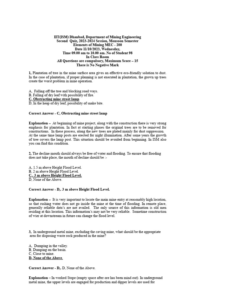 Mining Quiz Questions and Answers 2023 | PDF | Mining