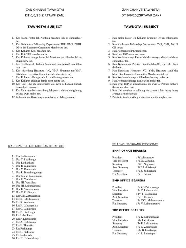 Kohhran Hruaitute Meeting Agenda | PDF