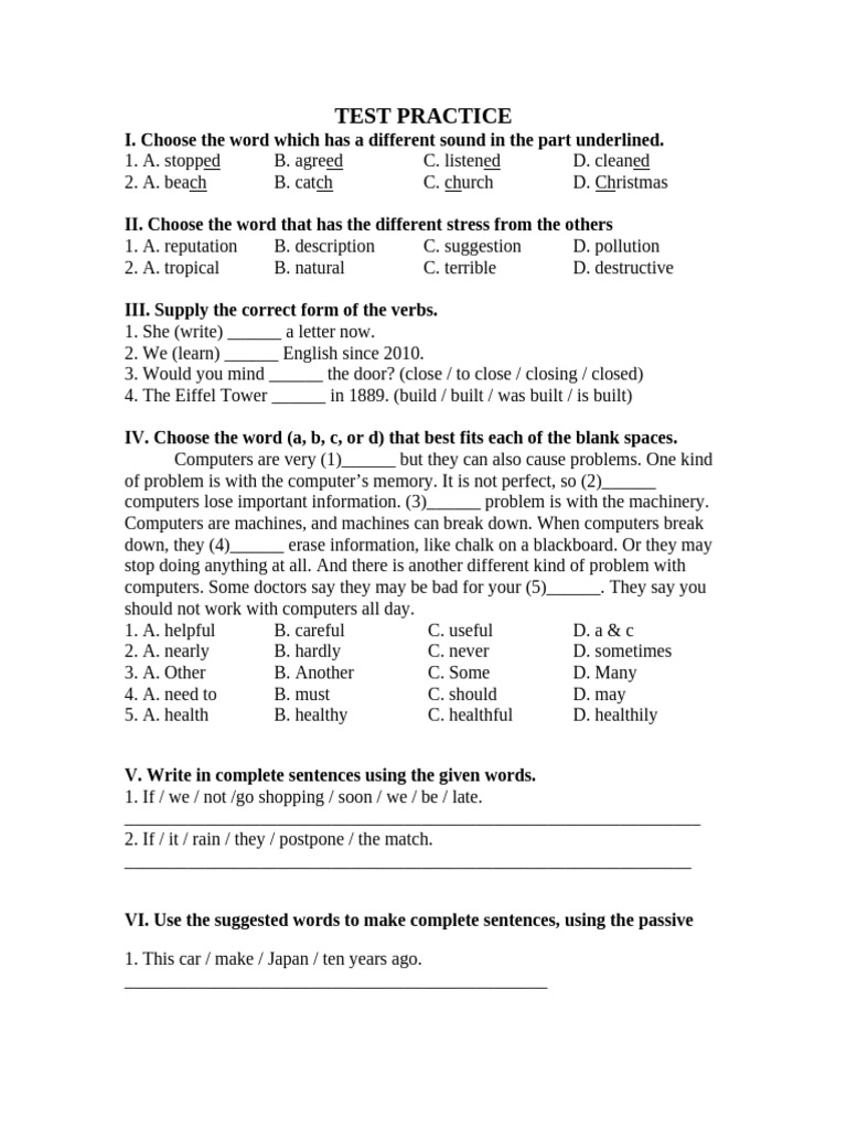 English Language Test Practice Guide | PDF | Syntax | Grammar