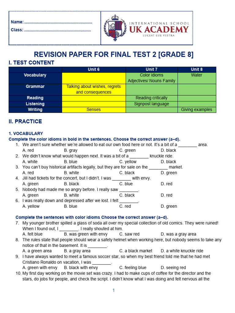 Revision Paper G8 - Final Test 2 (FINAL VERSION) 1 | PDF | Water ...