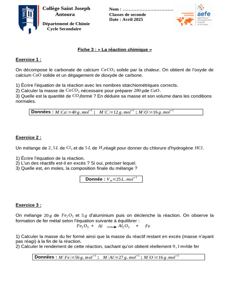 Réactions chimiques et calculs stœchiométriques | PDF | Stœchiométrie | Fer