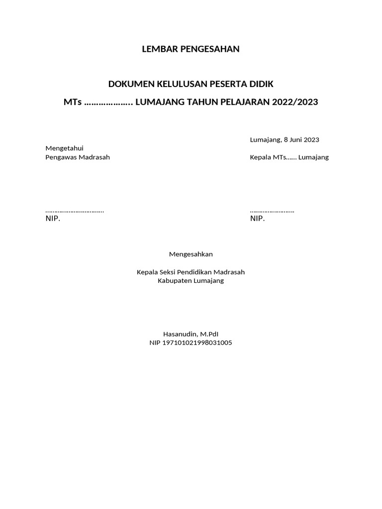 Lembar Pengesahan Kelulusan MTs 2023 | PDF