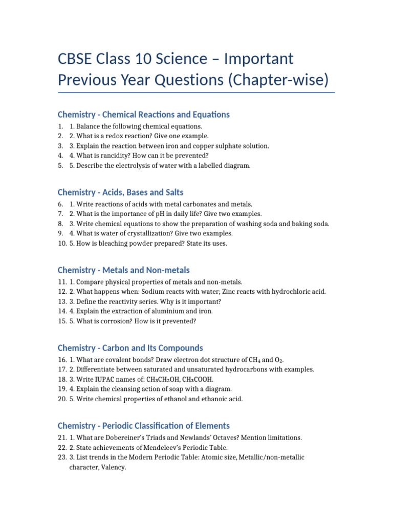 Class 10 Science Important Questions | PDF