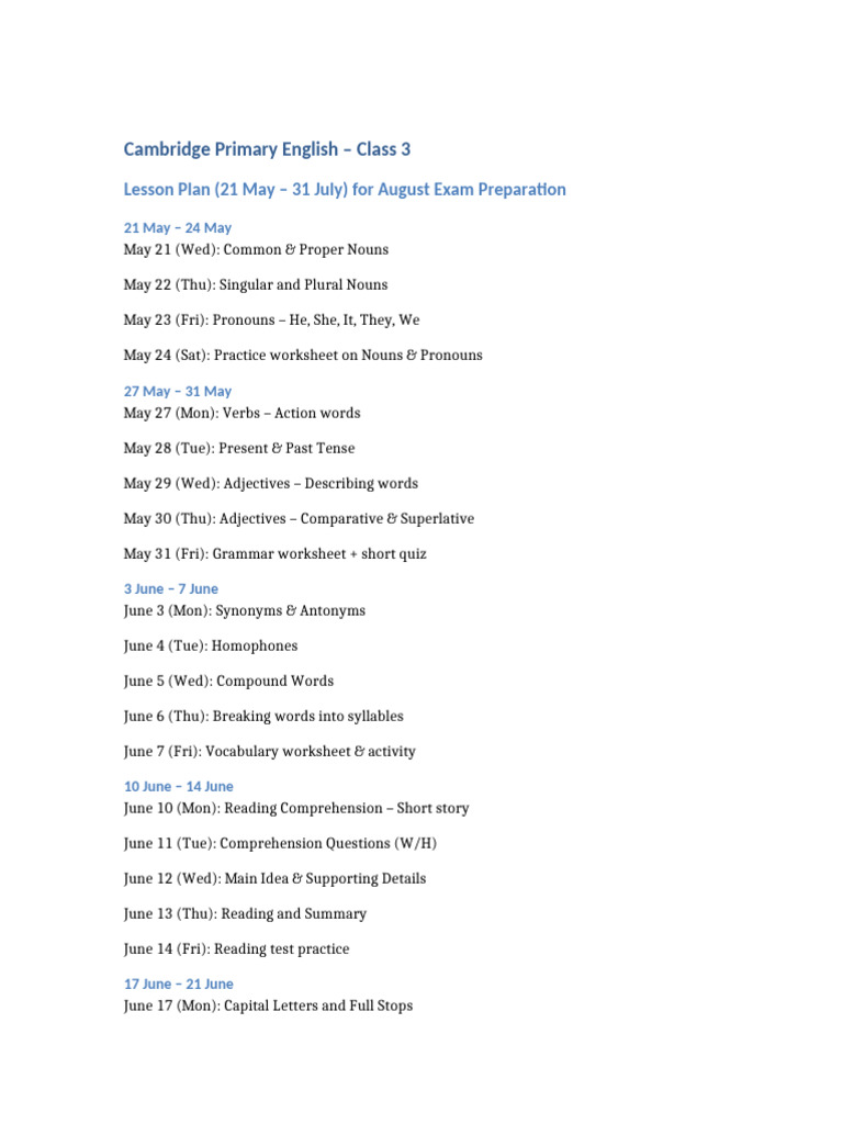 Cambridge Class3 English Lesson Plan May To July | PDF