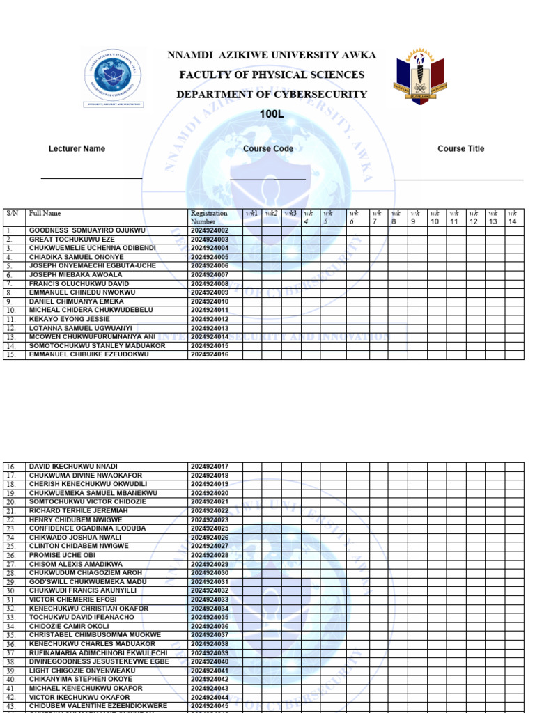 Cybersecurity 100L Class Roster | PDF