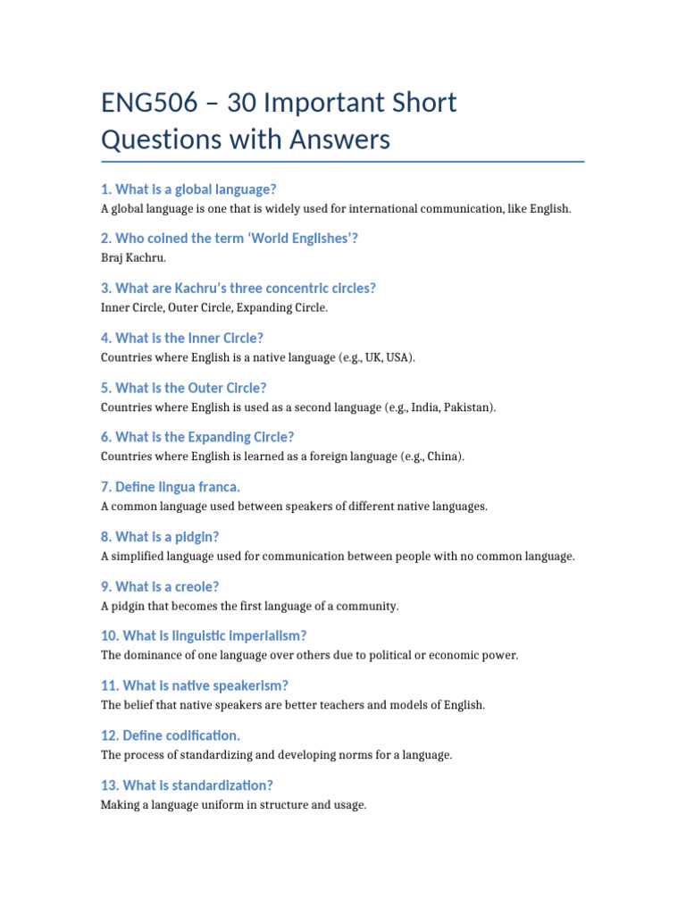 ENG506 30 Short Questions | PDF | English Language | Human Communication
