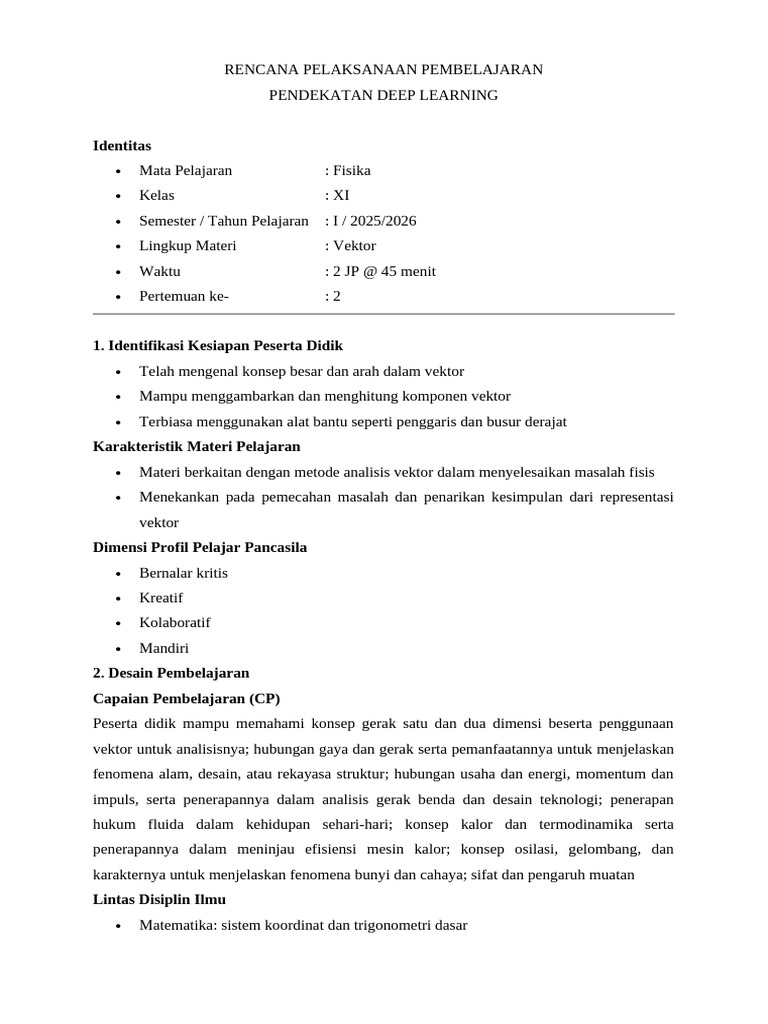 RPP Deep Learning Fisika Kelas XI Vektor | PDF