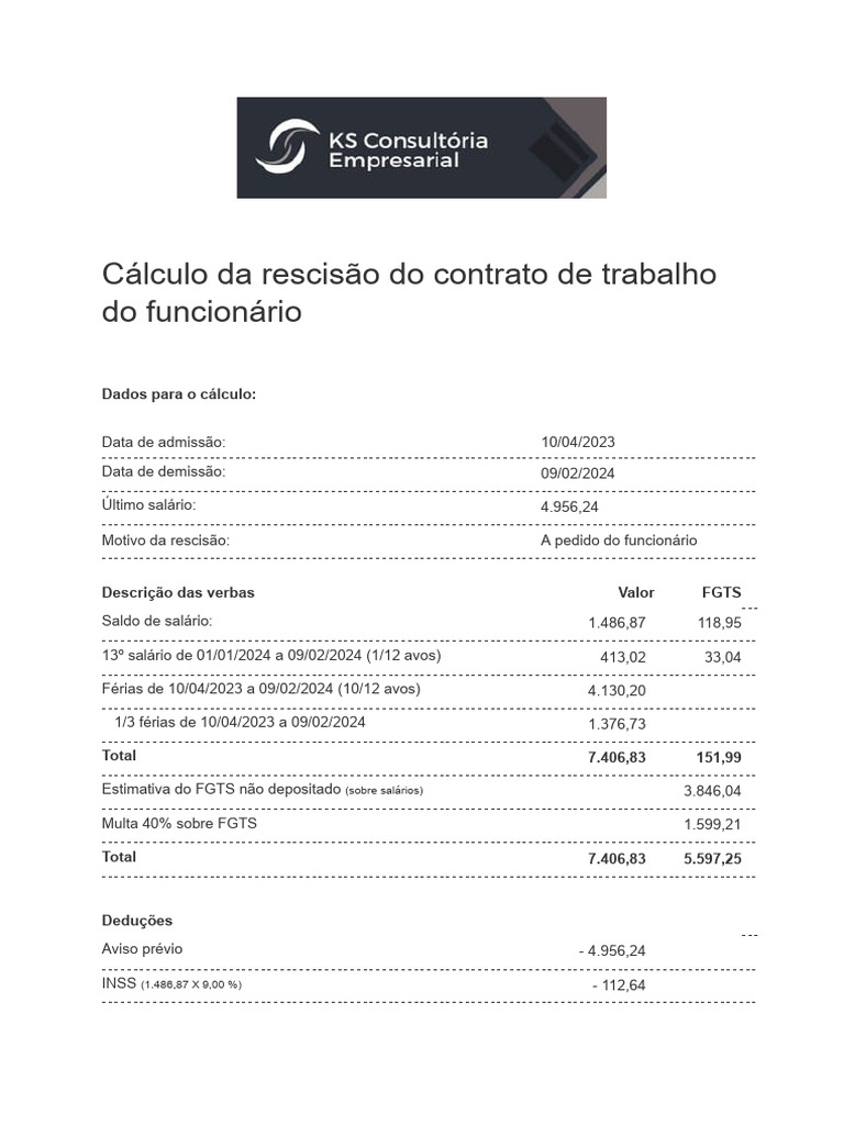 Cálculo de Rescisão de Contrato de Trabalho | PDF