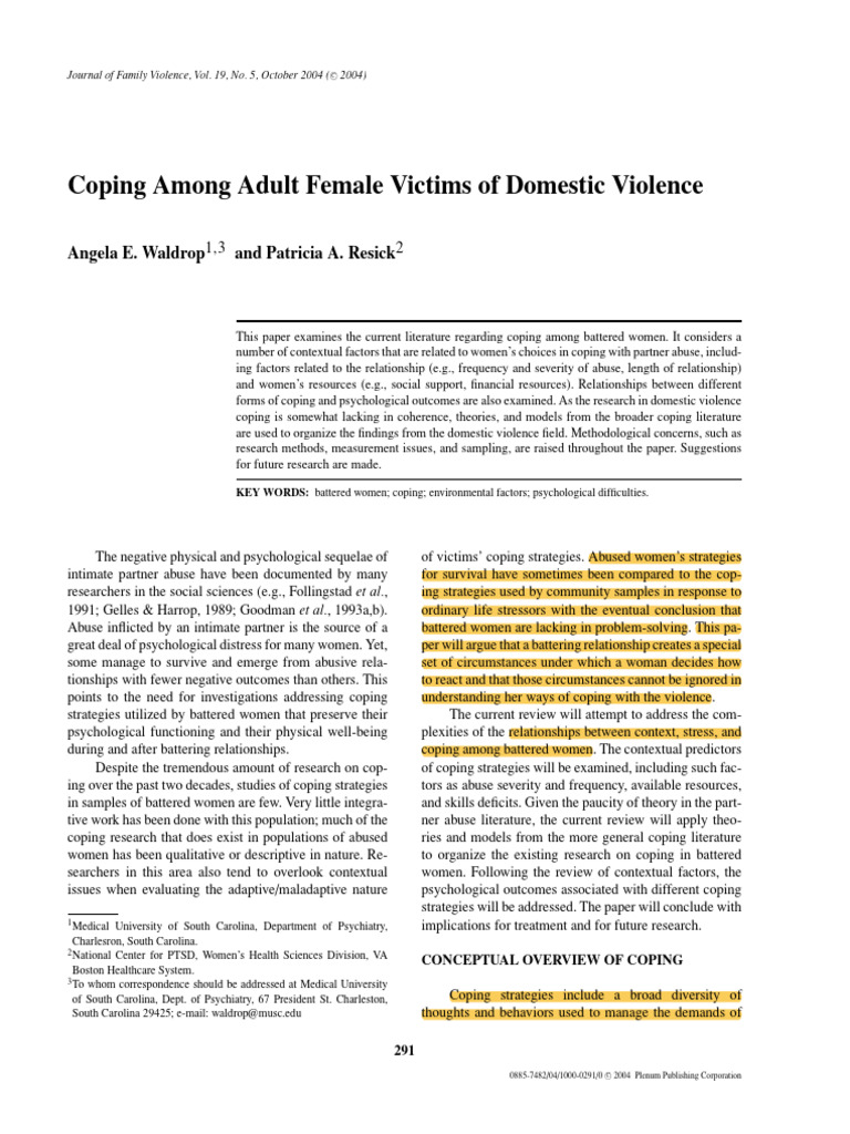 Coping Among Adult Female Victims of Domestic Violence | PDF | Domestic ...