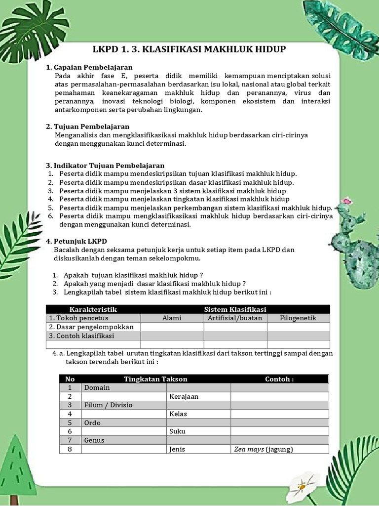 Klasifikasi Makhluk Hidup dalam LKPD | PDF