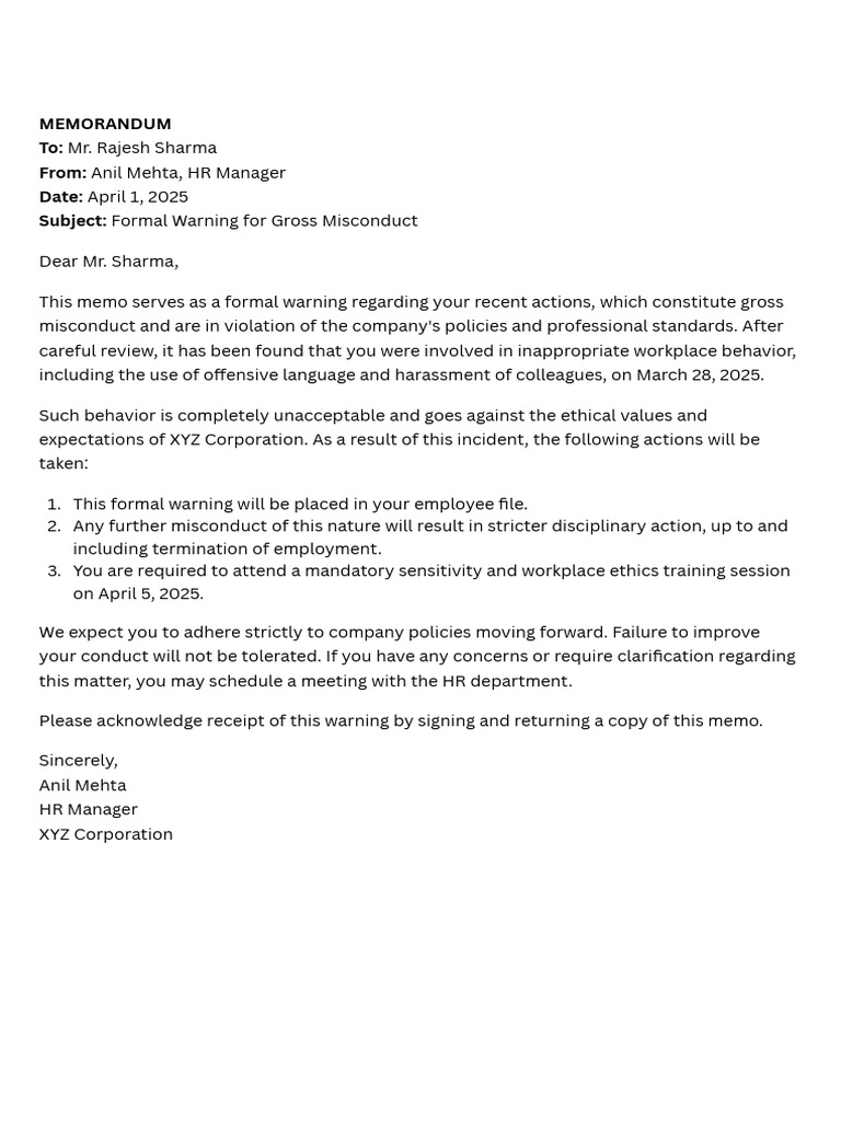 Formal Warning for Misconduct Notice | PDF