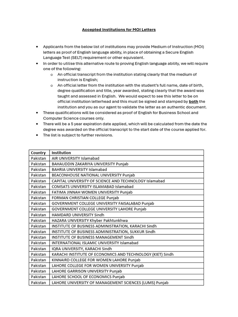 MOI Letter Accepted Institutions in Pakistan | PDF | Pakistan | Islamabad