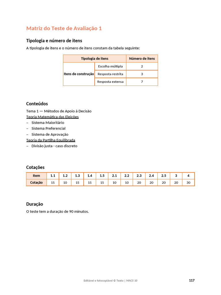 Matriz do Teste de Avaliação MACS 10 | PDF