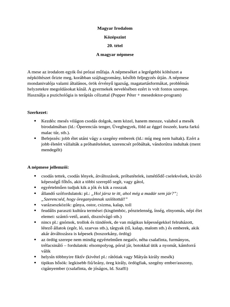 Magyar Irodalom 20 T tel A Magyar N pmese PDF
