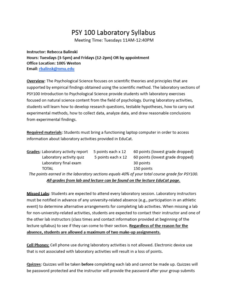 PSY 100 Lab Syllabus Overview | PDF | Perception | Learning