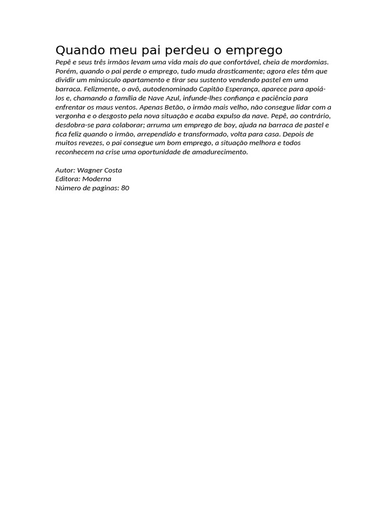 Resenha Quando Meu Pai Perdeu o Emprego | PDF