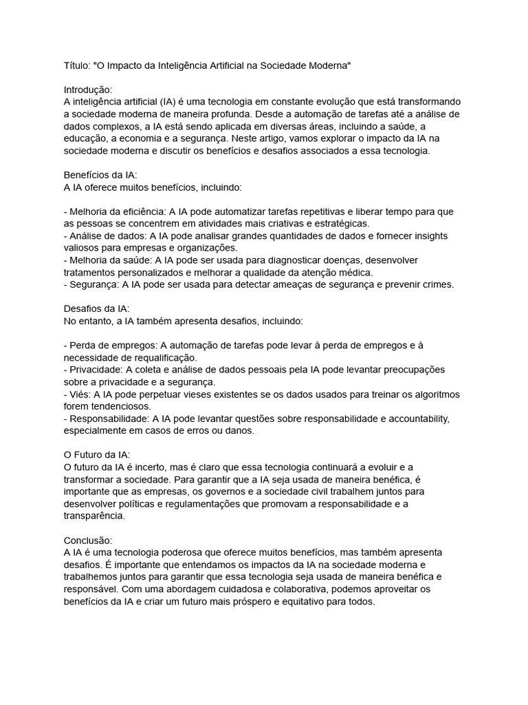 Título - O Impacto Da Inteligência Artificial Na Sociedade Moderna | PDF