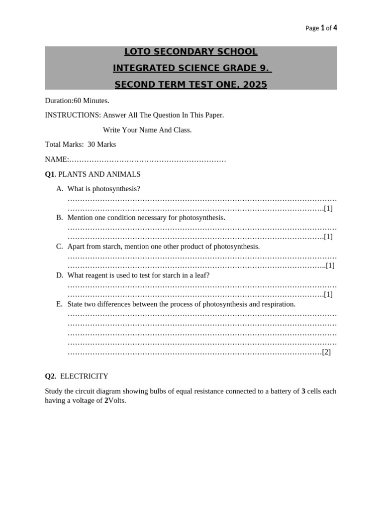 Grade 9 Integrated Science Test 2025 | PDF | Foods
