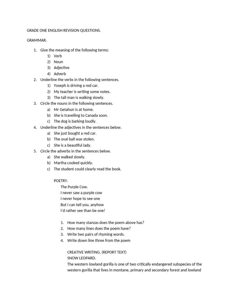 Grade One English Revision Questions | PDF