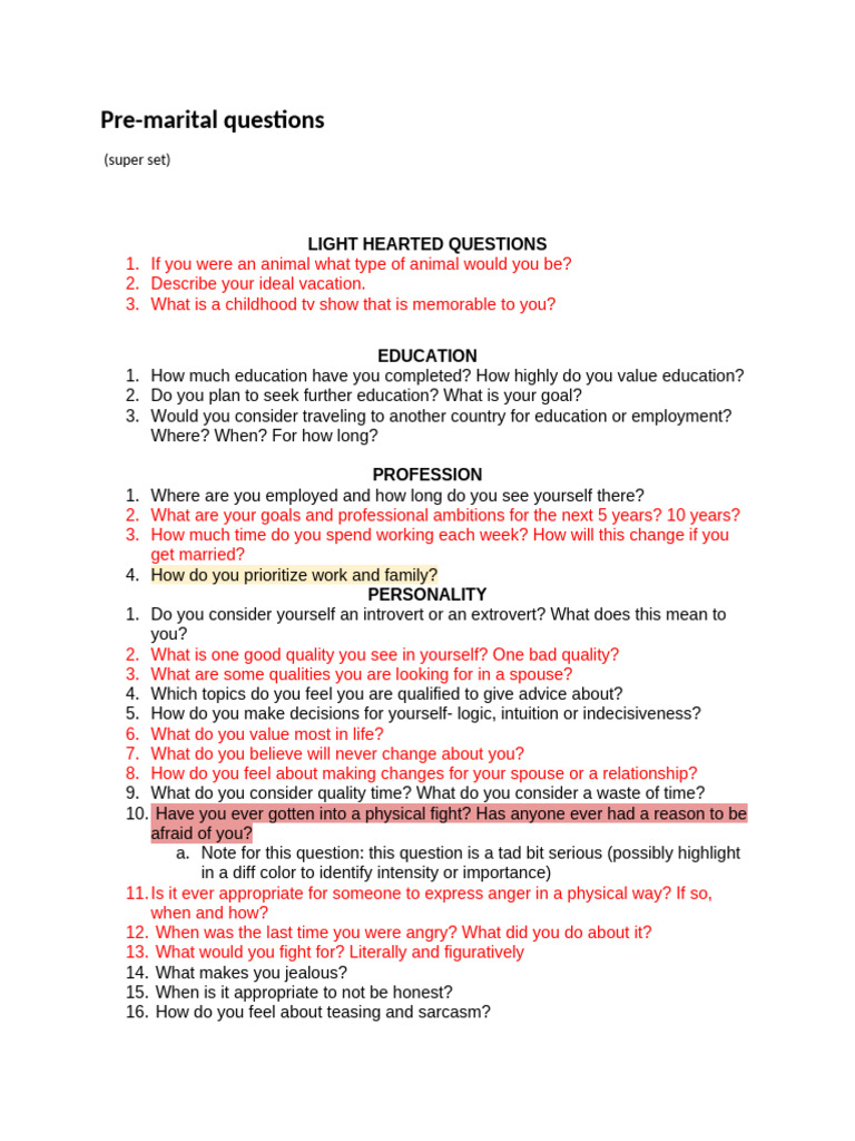 Pre Marital Questions Superset2 | PDF | Family | Parenting