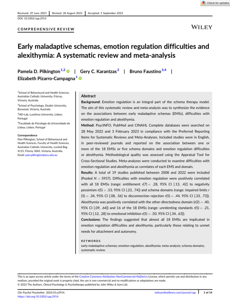 Early Maladaptive Schemas & Emotion Regulation | PDF | Meta Analysis ...