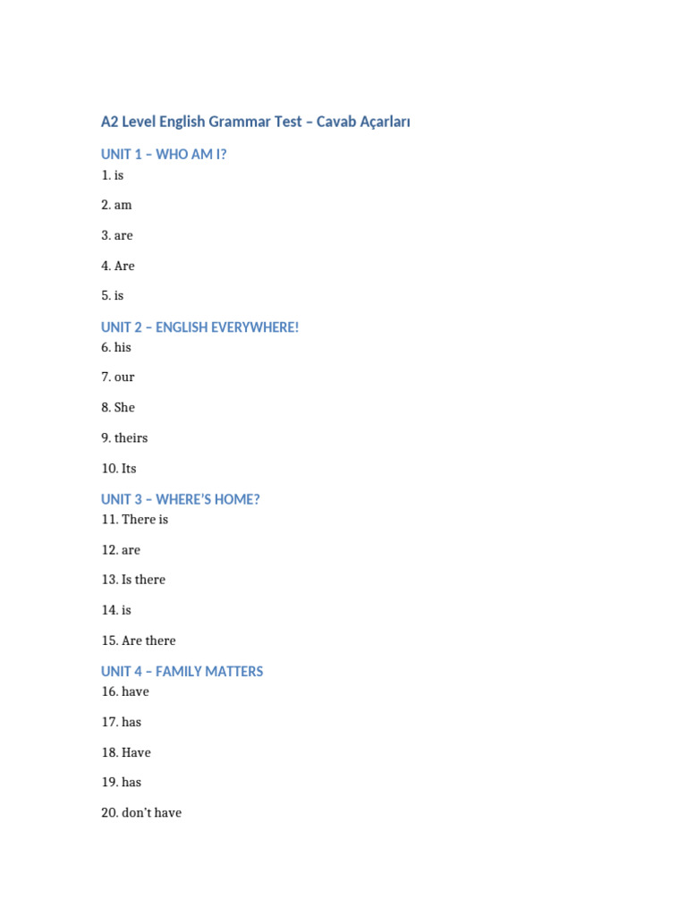 A2 English Grammar Test with Answers | PDF