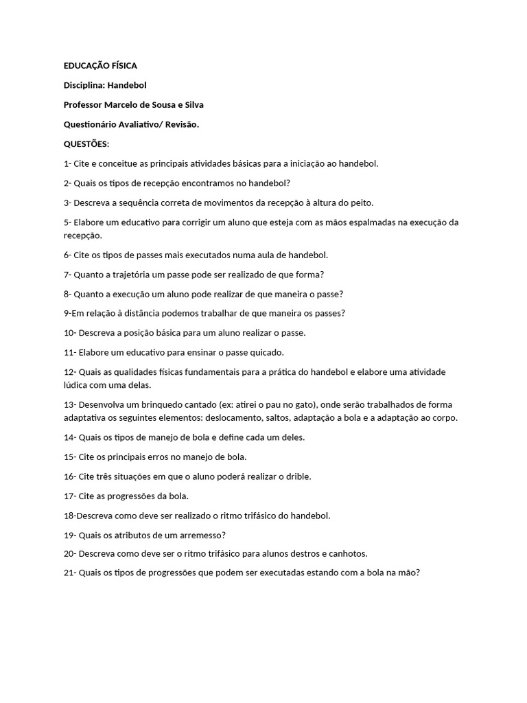 Questionário 1 Handebol | PDF