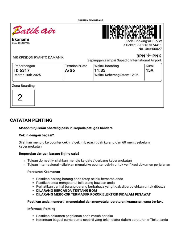 Boarding Pass Penerbangan ID 6317 | PDF