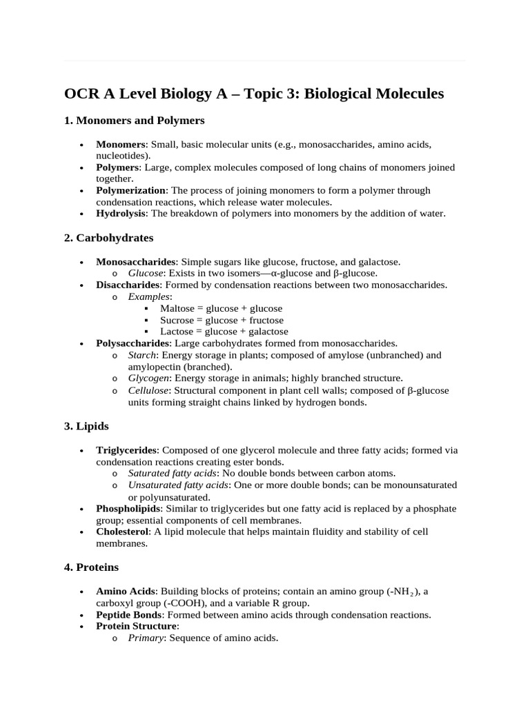 Biological Molecules in OCR A Level Biology | PDF | Glucose | Fatty Acid