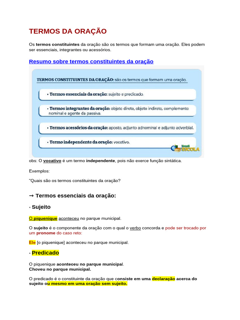 Termos Constituintes da Oração Explicados | PDF | Assunto (gramática ...