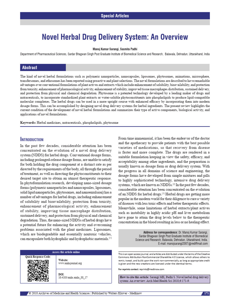 Novel Herbal Drug Delivery Systems | PDF | Liposome | Pharmaceutical ...