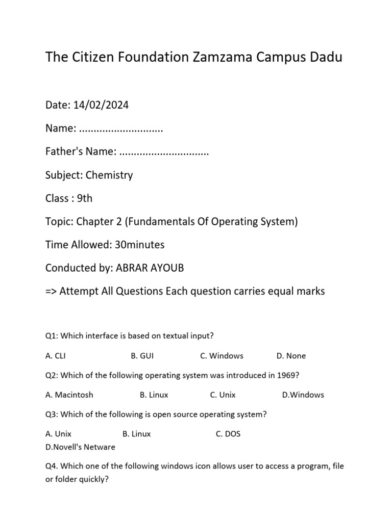 9th Class Comp Test CH 2 | PDF