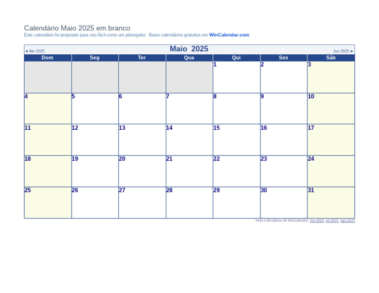 Calendário em Branco Maio 2025 | PDF
