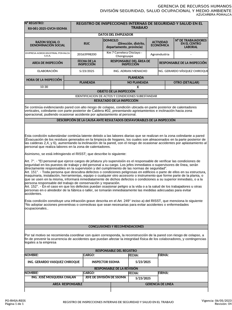 Inspeccion Interna 061 - 2025 GVCH | PDF | Seguridad y salud ocupacional
