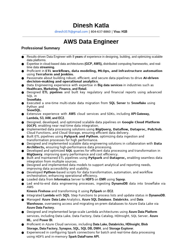 AWS Data Engineer Profile Summary | PDF | Apache Spark | Cloud Computing