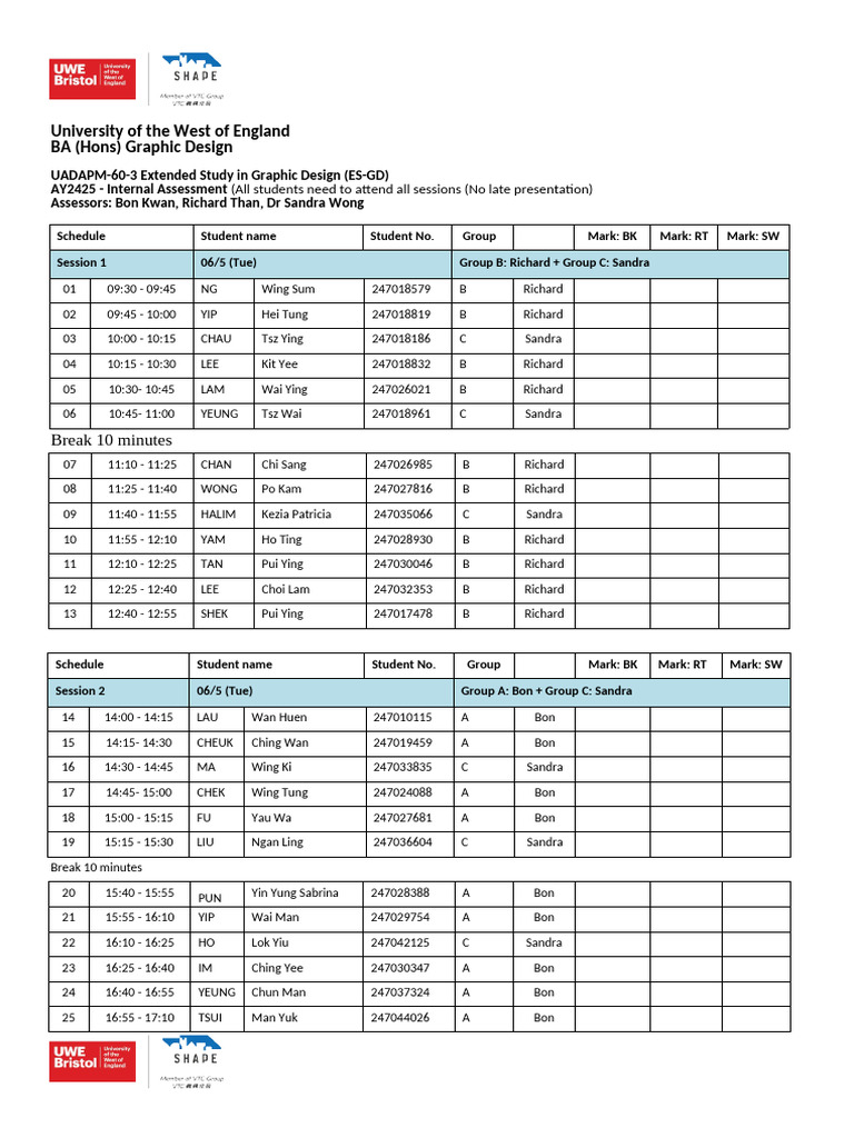 UWE Graphic Design Internal Assessment Schedule | PDF