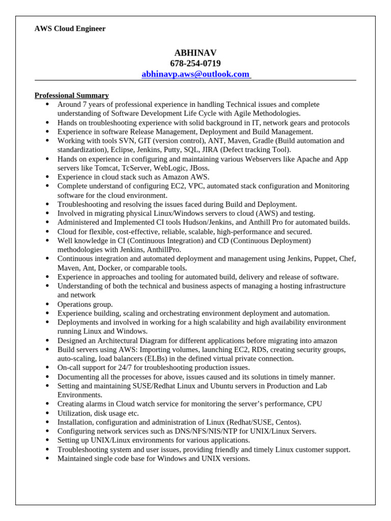 AWS Cloud Engineer Resume Overview | PDF | Cloud Computing | Amazon Web ...