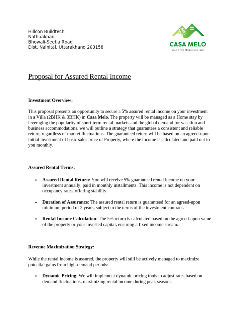 Assured Rental Proposal For Villa Pdf Investing Income