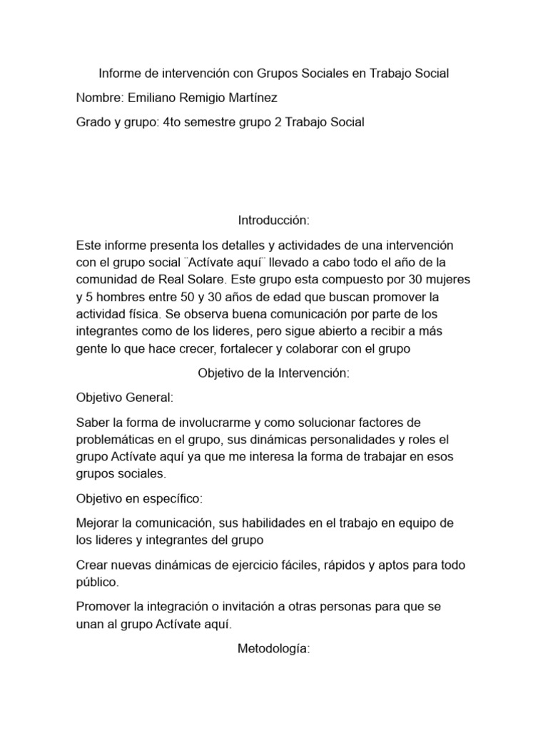 Informe de Intervención Con Grupos Sociales en Trabajo Social | PDF ...