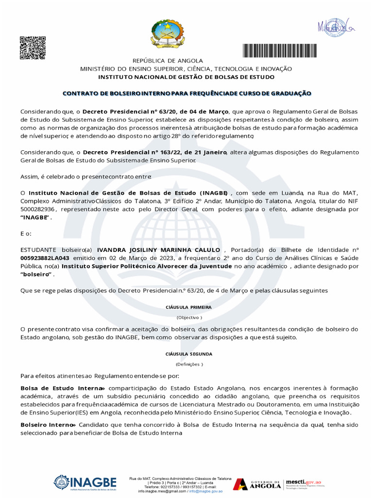 Contrato - Do - Bolseiro - IVANDRA JOSILINY MARINHA CALULO | PDF