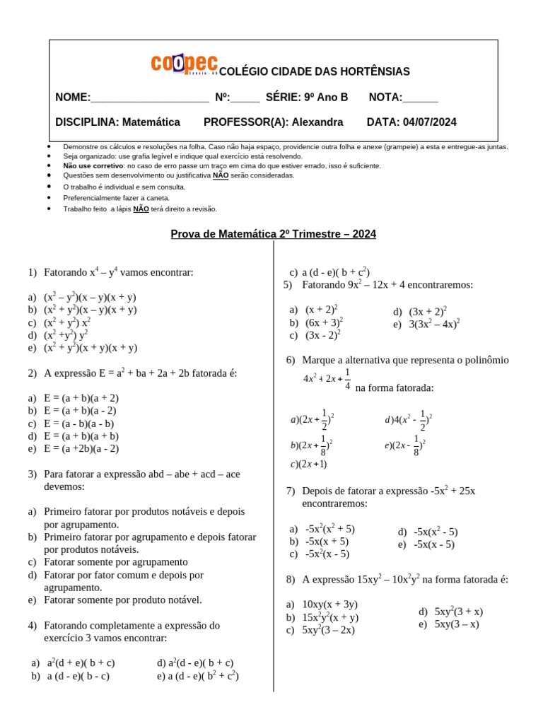 Exercícios de Fatoração para 9º Ano | PDF | Matemática elementar ...