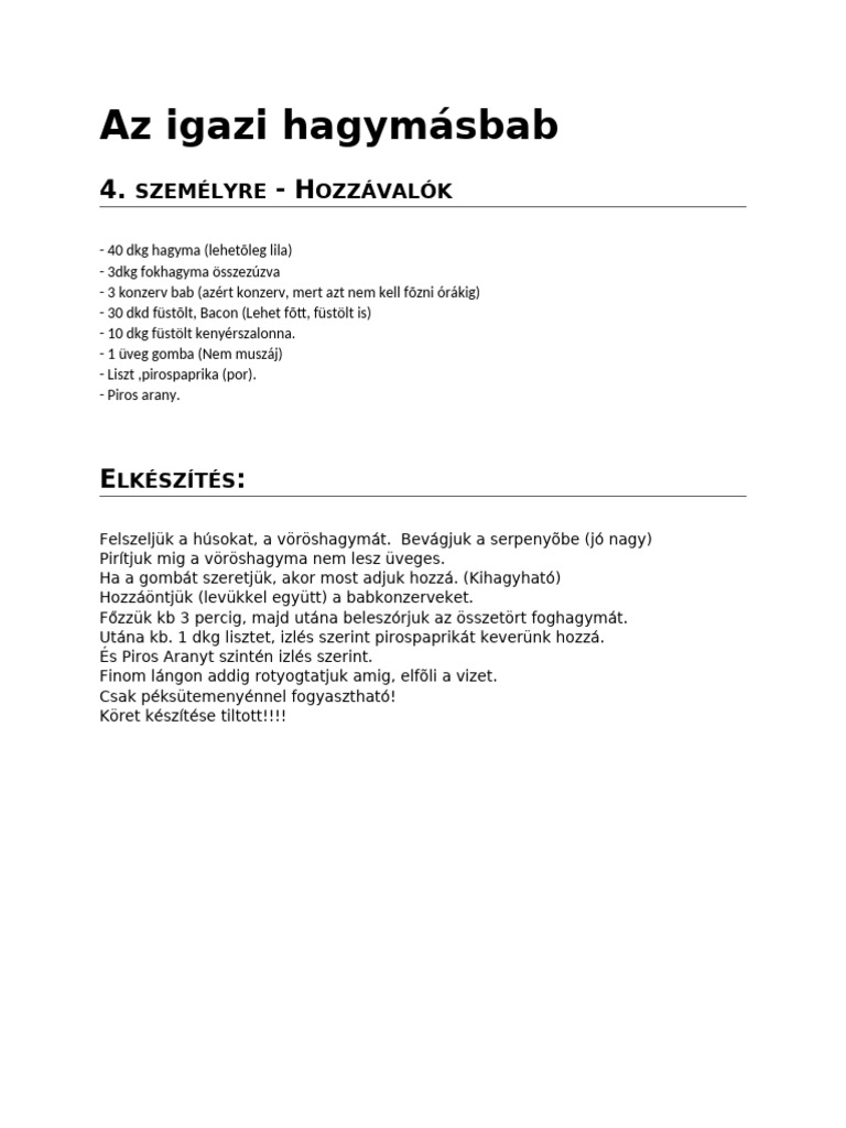 Az Igazi Hagymásbab | PDF