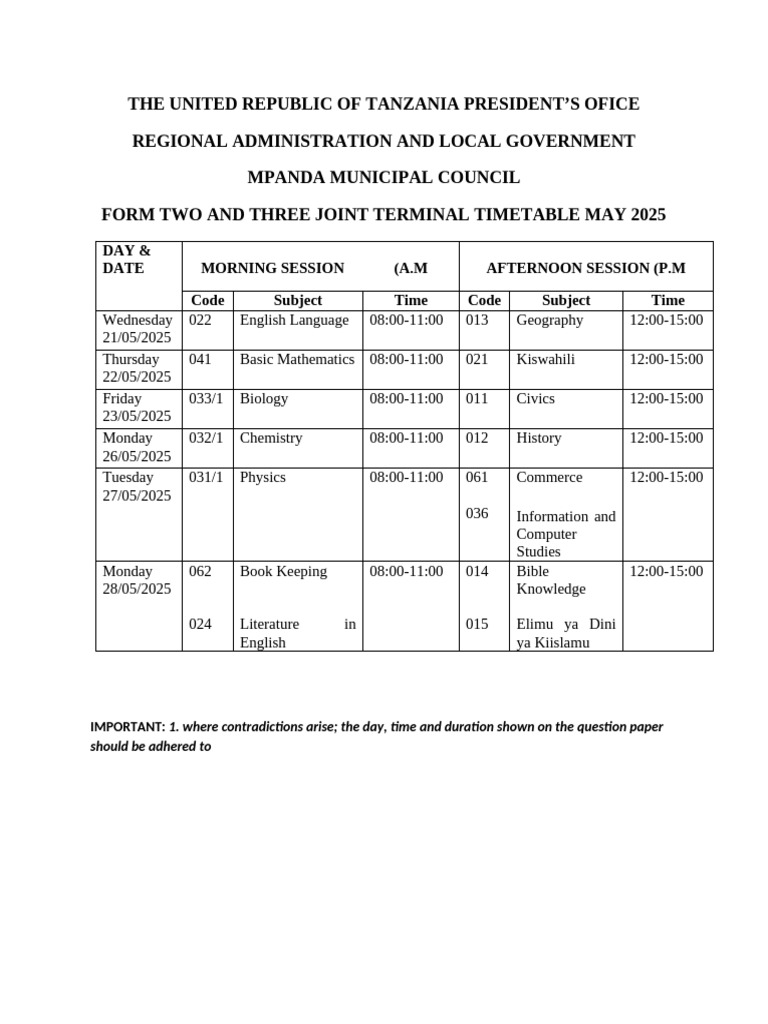 Form Two & Three Exam Timetable 2025 | PDF