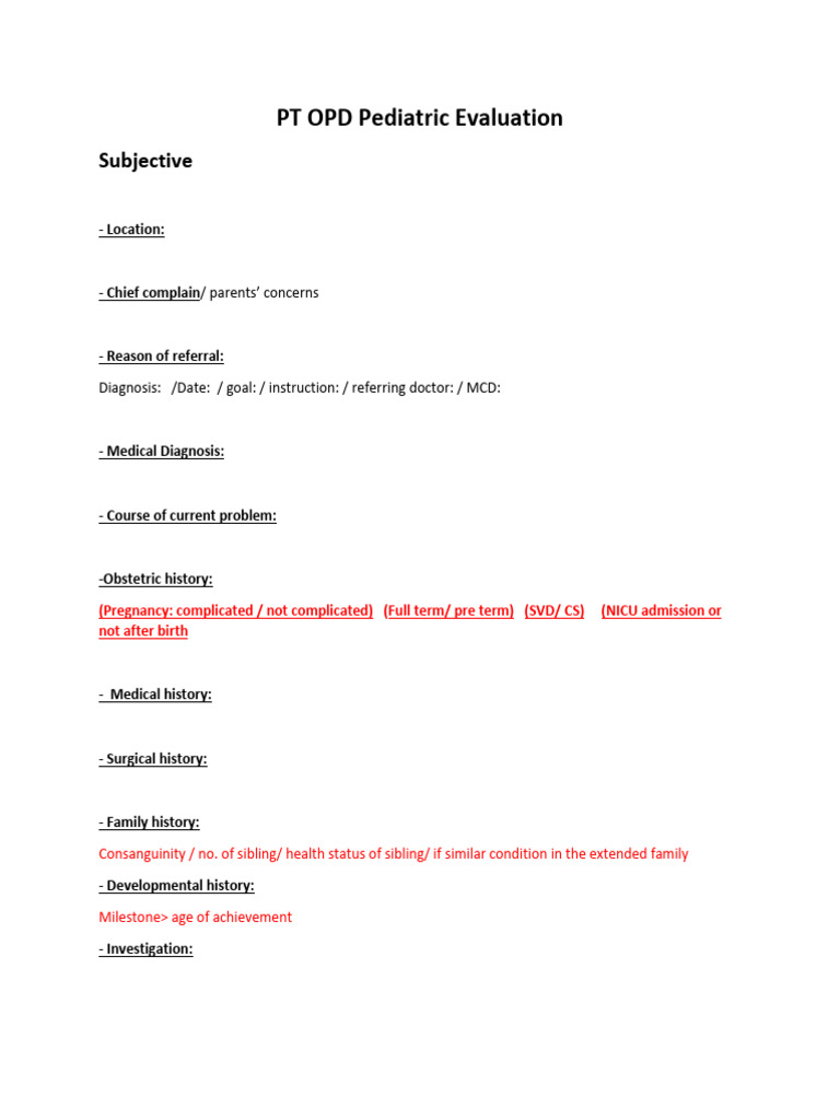 Pediatric Physical Therapy Evaluation | PDF | Diseases And Disorders ...