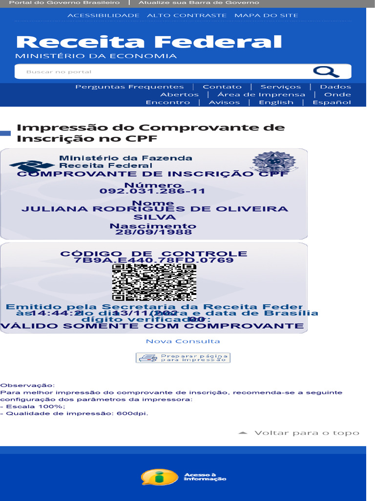 Impressão do Comprovante de Inscrição CPF | PDF
