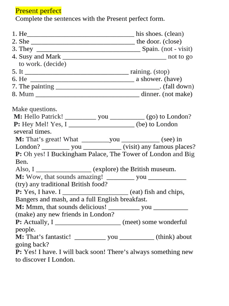 Present Perfect Tense Exercises | PDF